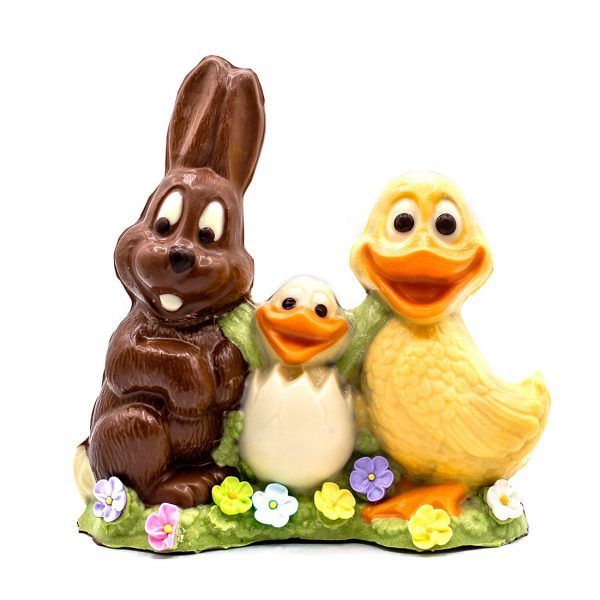 chocolate bunny, duck and chick hatching from an egg