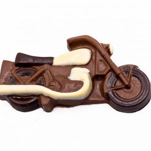 milk chocolate motorcycle with white and dark chocolate accents