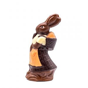 chocolate girl bunny with an orange dress wearing a backpack