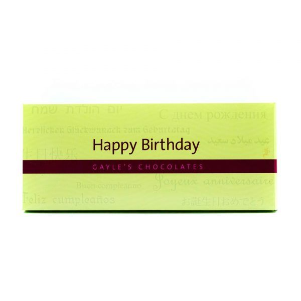 chocolate bar with green Happy Birthday wrapper