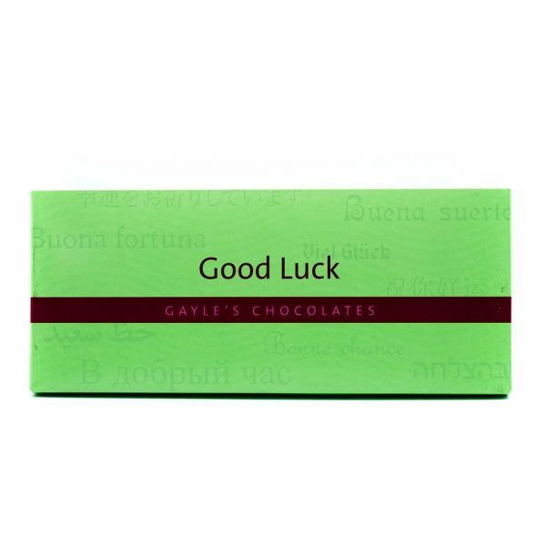 chocolate bar with green wrapper saying Good Luck