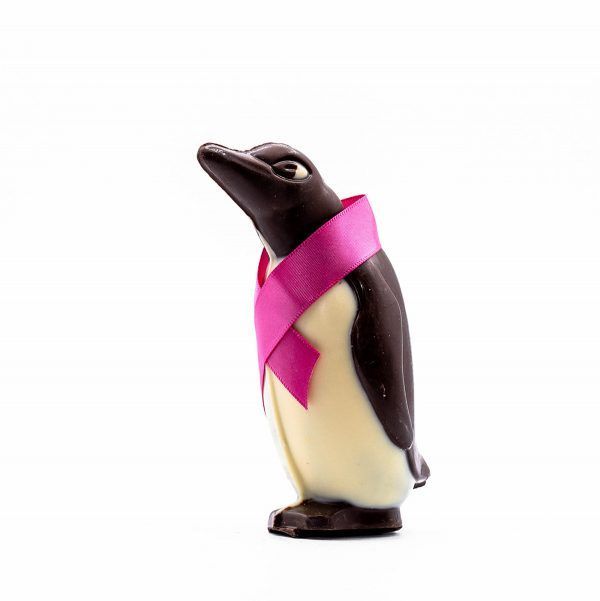 dark chocolate penquin with a white chocolate belly and a pink ribbon around his neck