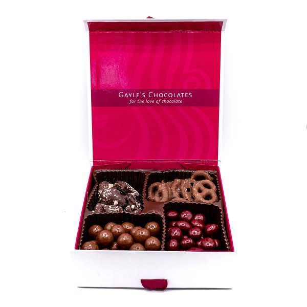 Gayles temppting chocolate box with almond toffee pieces, malted milk balls, dark-chocolate-covered pretzels and pastel cherries