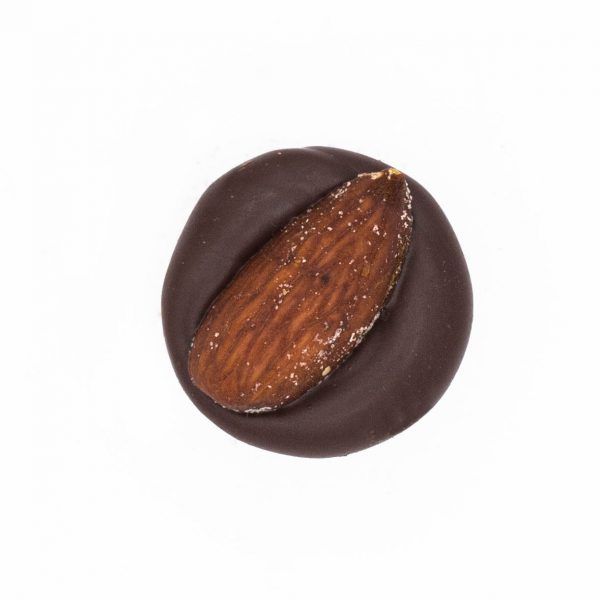 almond tops a chocolate truffle with a carmel interior