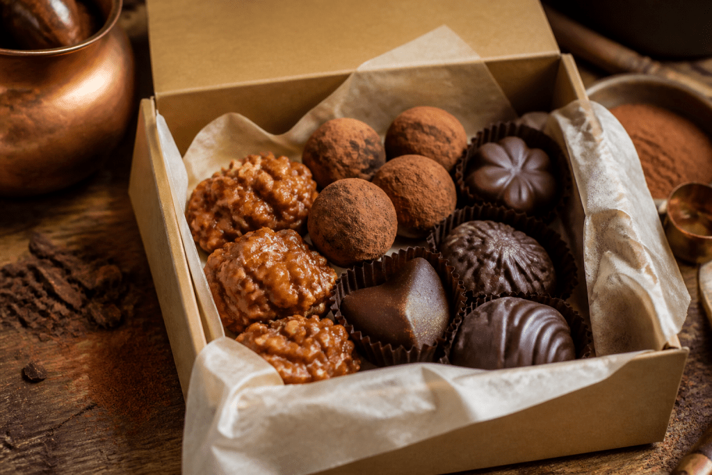 Handmade chocolate clusters and truffles on a Cottonwood shop counter