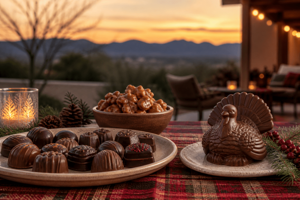 Holiday chocolate platter with clusters and molded pieces on a Verde Valley table