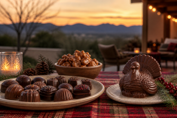 Holiday chocolate platter with clusters and molded pieces on a Verde Valley table